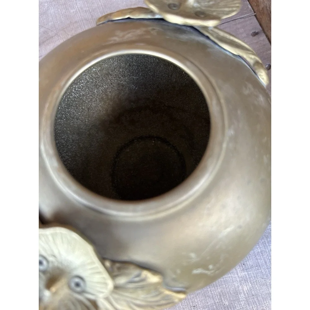 Brass Bowl Pot Vase‎ Art Deco Nouveau Style Vintage Floral Lillipad Handles